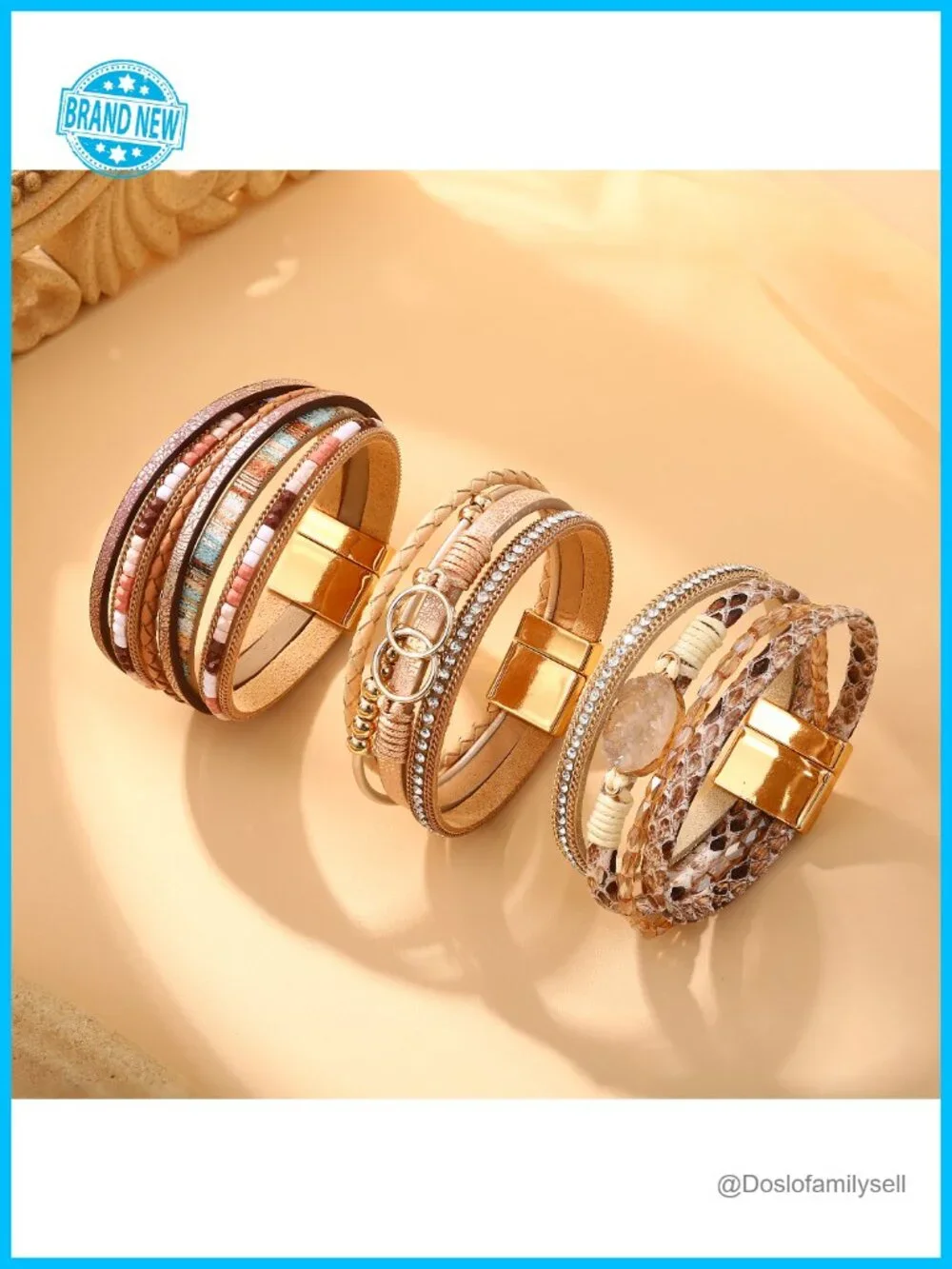 Set of 3 Leather Wrap Bracelets Boho Beaded Cuff Bracelets